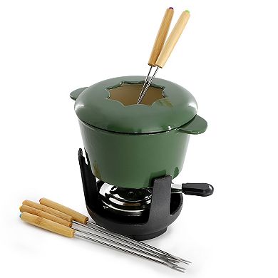 Enameled Cast Iron Fondue Pot with 6 Serving Forks in Green