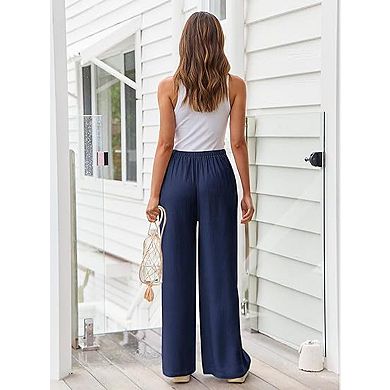 Women's Linen Pants Flowy Wide Leg Beach Pants with Pockets