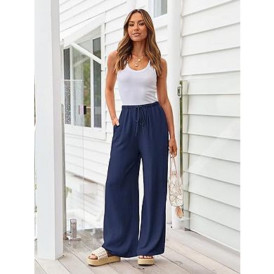 Women's Linen Pants Flowy Wide Leg Beach Pants with Pockets