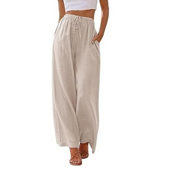 Women's Linen Pants Flowy Wide Leg Beach Pants with Pockets