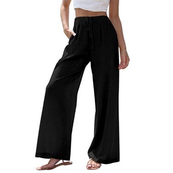 Women's Linen Pants Flowy Wide Leg Beach Pants with Pockets