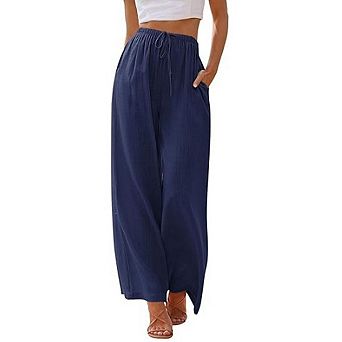 Women's Linen Pants Flowy Wide Leg Beach Pants with Pockets