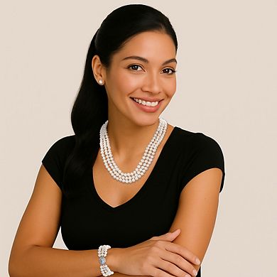 PalmBeach Jewelry Round Genuine Cultured Pearl .925 Silver Earring, Necklace and Bracelet Set 18"