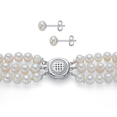 PalmBeach Jewelry Round Genuine Cultured Pearl .925 Silver Earring, Necklace and Bracelet Set 18"