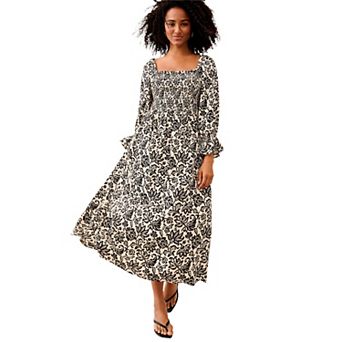 ellos Plus Size Smocked Bodice Square Neck Midi Dress