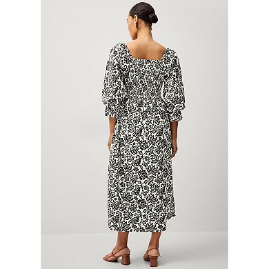 ellos Plus Size Smocked Bodice Square Neck Midi Dress