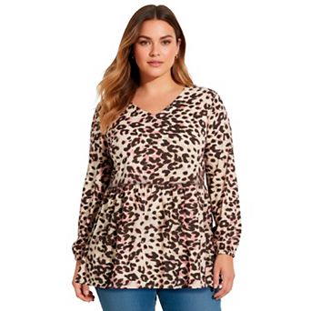 Avenue Women's Plus Size V-Neck Blouson Elastic Waist Blouse