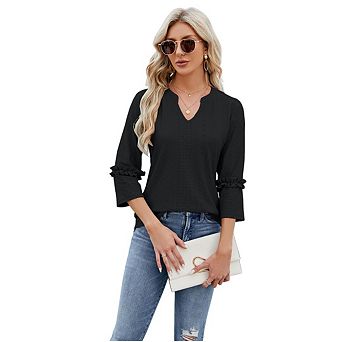 Womens Casual 3/4 Length Sleeve Blouses V Neck Shirts Eyelet Tops with Smocked Cuffs