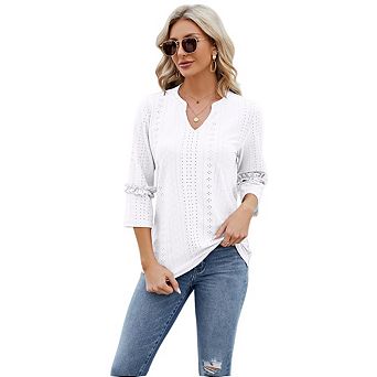 Womens Casual 3/4 Length Sleeve Blouses V Neck Shirts Eyelet Tops with Smocked Cuffs