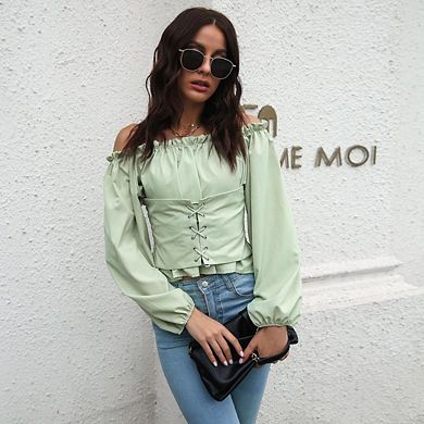 Womens Elegant Off The Shoulder Puff Sleeve Blouse Summer Chiffon Slim Fit Party Crop Top