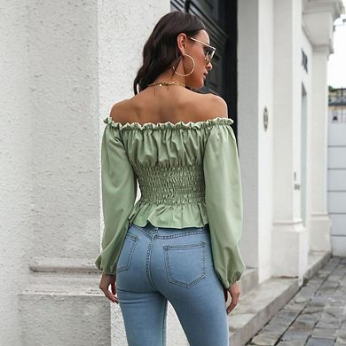 Womens Elegant Off The Shoulder Puff Sleeve Blouse Summer Chiffon Slim Fit Party Crop Top