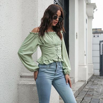 Womens Elegant Off The Shoulder Puff Sleeve Blouse Summer Chiffon Slim Fit Party Crop Top