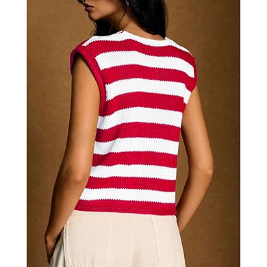 Women's Striped Metal Floral Sweater Vest Crew Neck Button Down Knit Top With Pocket