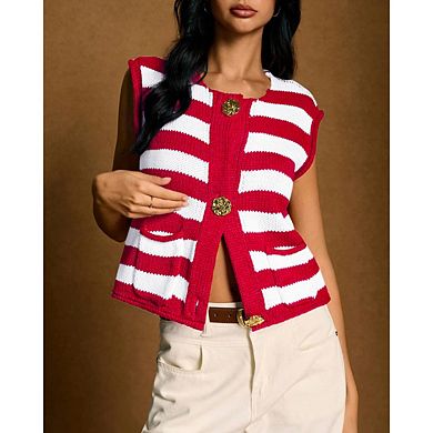 Women's Striped Metal Floral Sweater Vest Crew Neck Button Down Knit Top With Pocket