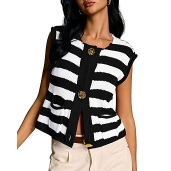Women's Striped Metal Floral Sweater Vest Crew Neck Button Down Knit Top With Pocket