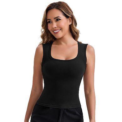 Women's Wide Straps Square Neck Unpadded Long Camisole Airplane Sleeves Slimming Solid Undershirt