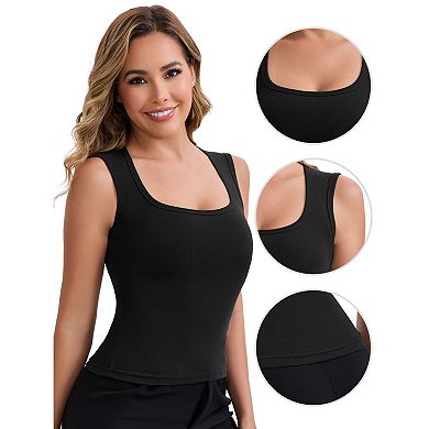 Women's Wide Straps Square Neck Unpadded Long Camisole Airplane Sleeves Slimming Solid Undershirt