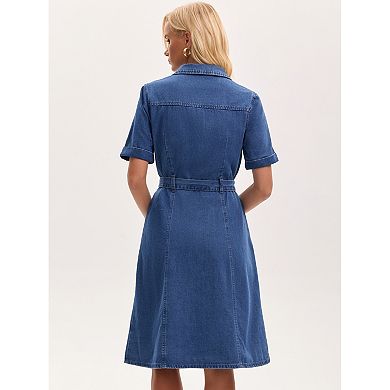 Women's Denim Dress Button Down Short Sleeve Belted Casual Jean Shirt Dresses