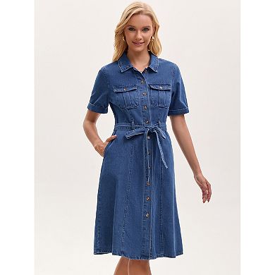 Women's Denim Dress Button Down Short Sleeve Belted Casual Jean Shirt Dresses