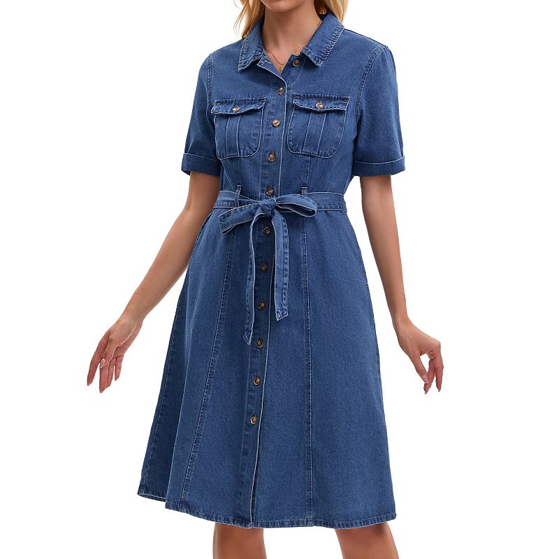 denim dresses for women casual Women's Dress Button Down Short Sleeve Belted Jean Shirt Such as home Color:Dark Pink casual denim dress outfit GEN-14944 How to Style Glitter