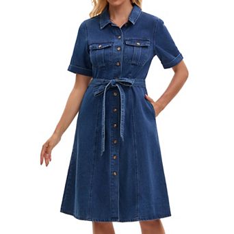 Women's Denim Dress Button Down Short Sleeve Belted Casual Jean Shirt Dresses