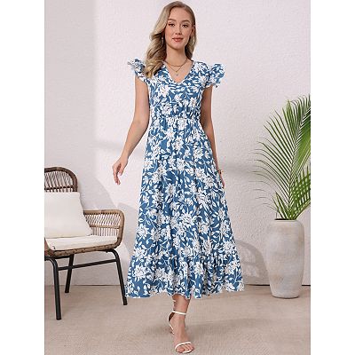 Women Floral Dresses Summer Bohemian V Neck Cap Sleeveless A-Line Maxi Sun  Dress