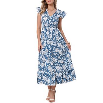 Women Floral Dresses Summer Bohemian V Neck Cap Sleeveless A-Line Maxi Sun Dress