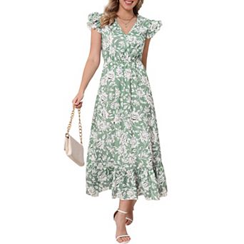 Women Floral Dresses Summer Bohemian V Neck Cap Sleeveless A-Line Maxi Sun Dress