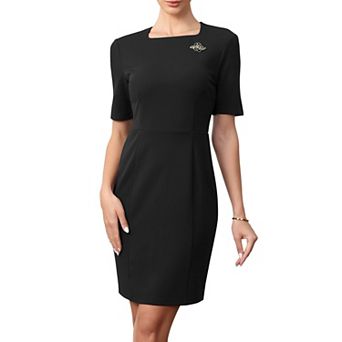 Sheath Pencil Dress for Women's Square Neck Short Sleeve Work Business Casual Cocktail Dresses
