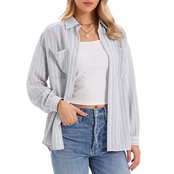 Striped Button Down Shirt for Women Long Sleeve Casual Collared Work Blouses Tops