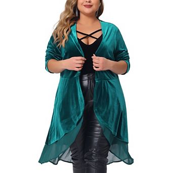 Women's Plus Size Velvet Cardigan Long Sleeve Irregular Draped Mesh Hem Open Front Cardigans