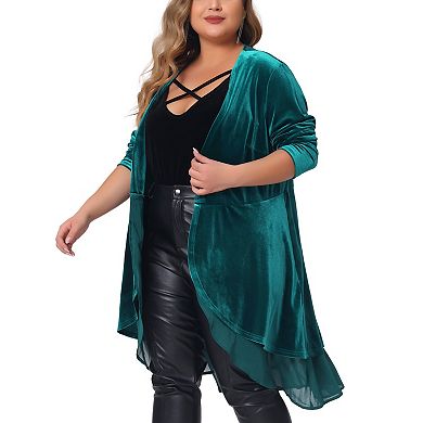 Women's Plus Size Velvet Cardigan Long Sleeve Irregular Draped Mesh Hem Open Front Cardigans