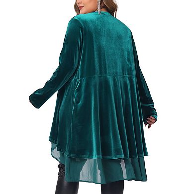 Women's Plus Size Velvet Cardigan Long Sleeve Irregular Draped Mesh Hem Open Front Cardigans