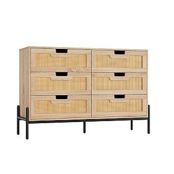 6 Drawer Wooden Rattan Dresser Chest for Bedroom and Living Room