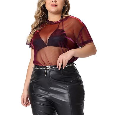 Women's Plus Size T-shirt Sheer Mesh Holographic Round Neck Drop Shoulder Short Sleeve Tops Blouse