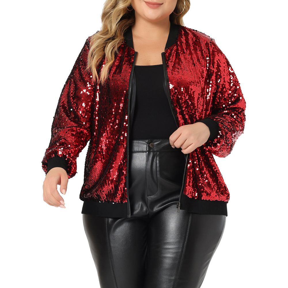 Women's Plus Size Metallic Jackets Sequin Sparkle Zip Bomber Jacket