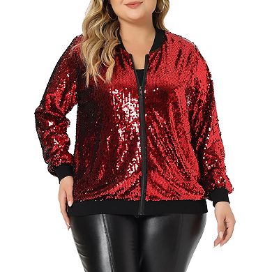 Women's Plus Size Metallic Jackets Sequin Sparkle Zip Bomber Jacket