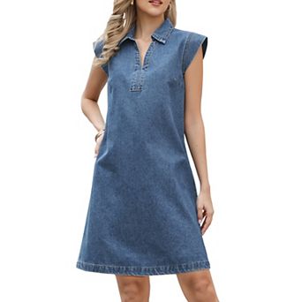 Denim Dress for Women V Neck Cap Sleeve Loose Above the Knee Casual Tunic Jean Dress
