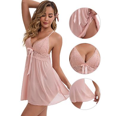 Women's See Through Lace Mesh Lightweight Deep-V Adjustable Spaghetti Above Knee Straps Full Slip