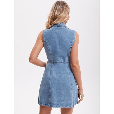 Women's Denim Mini Dress Sleeveless Button Down V Neck Summer Jean Dresses