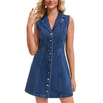 Women's Denim Mini Dress Sleeveless Button Down V Neck Summer Jean Dresses