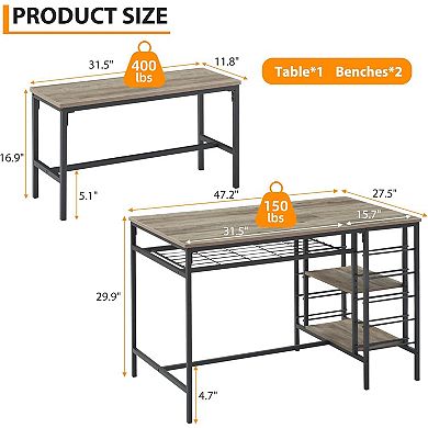 3-Piece Dining Set with 2 Benches, Wine Rack, and Storage Shelf, Space-Saving Kitchen Table