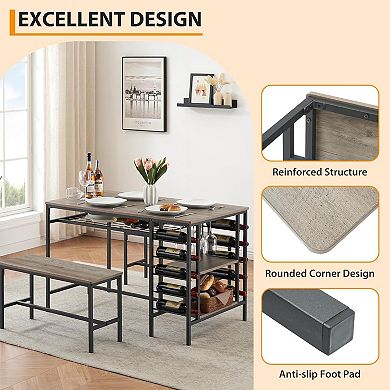 3-Piece Dining Set with 2 Benches, Wine Rack, and Storage Shelf, Space-Saving Kitchen Table