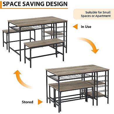 3-Piece Dining Set with 2 Benches, Wine Rack, and Storage Shelf, Space-Saving Kitchen Table