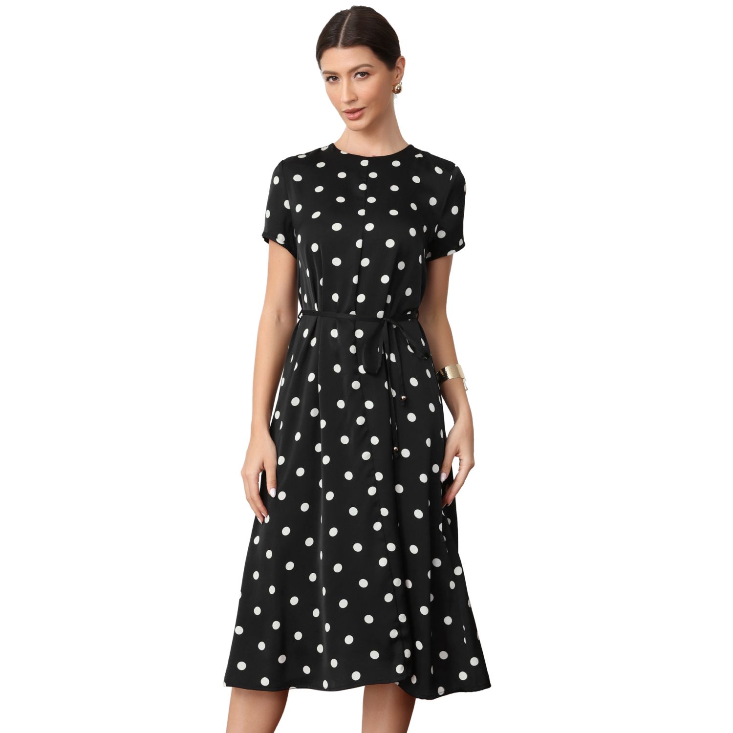 Женские платья Polka Dots Dresses for Crew Neck Short Sleeve Belted Midi Dress
