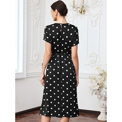 Polka Dots Dresses for Women's Crew Neck Short Sleeve Belted Midi Dress