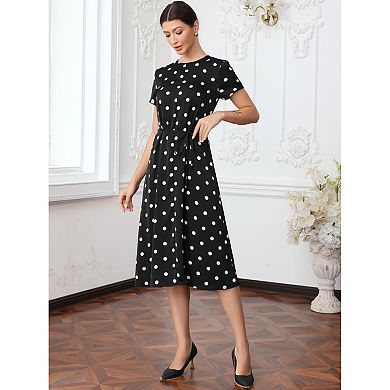 Polka Dots Dresses for Women's Crew Neck Short Sleeve Belted Midi Dress