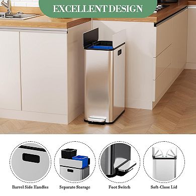 Garvee 56L Dual Trash Can Silver Two Compartment Bin for Kitchen or Office