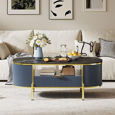48" Oval Coffee Table with Fluted Design & Faux Marble Top, Modern Luxury Center Table with Drawers