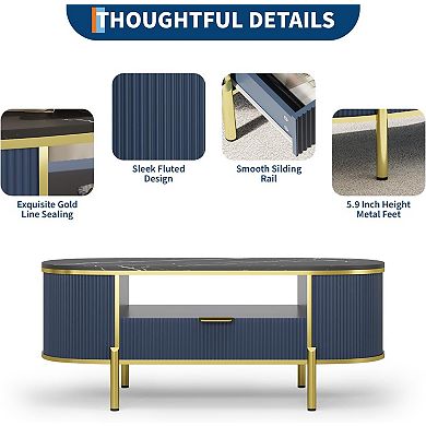 48" Oval Coffee Table with Fluted Design & Faux Marble Top, Modern Luxury Center Table with Drawers